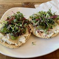 Sprouts and scallion cashew “cheese” on a toasted bagel   at EARTH in Twain Harte