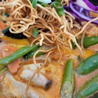 Khao Soi, closeup. Linguine noodles are hidden under yonder. at 29 Coffties in Chiang Mai