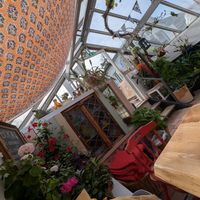 Nice indoor seating options in a greenhouse at Slottsträdgårdens Kafé in Malmo