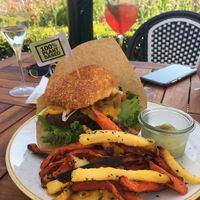 Delicious burger with patty from “Moving Mountains”. August 2020 at Slottsträdgårdens Kafé in Malmo