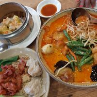 Siu mai, bbq wonton noodles, laksa deluxe at Water Drop Vege Cafe at Fo Guang Shan Temple in Auckland