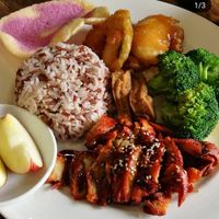 Bbq "pork" with rice, tofu and veggie at Water Drop Vege Cafe at Fo Guang Shan Temple in Auckland