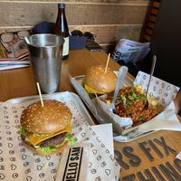 Vegan Cheeseburger and Mini Mac with chilli fries and a salted caramel shake  at Hello Sam in South Yarra
