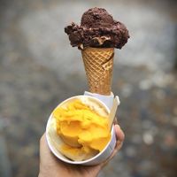 Willy Wonka in the waffle, mango and pear-basil in the cup  at Katchi Ice Cream - Savignyplatz in Berlin