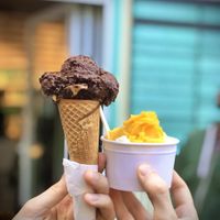 Willy Wonka in the waffle, mango and pear-basil in the cup.  at Katchi Ice Cream - Savignyplatz in Berlin