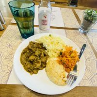 Mushroom curry, rice, houmous and carrot salad at Satsanga in Sofia