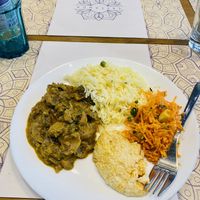 Mushroom curry, rice, houmous and carrot salad at Satsanga in Sofia