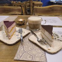 berry cake, banana chocolate cake and chai masala at Satsanga in Sofia