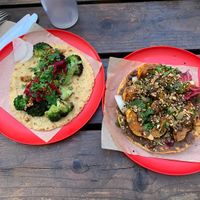 Broccoli taco and tostada de calabazitas  at Tacos Oscar in Oakland