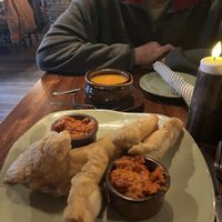 Fried bread, double red pepper dip to make fully vegan  at Moose-AKa's in Denali