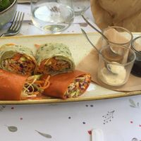 Marinated vegetable roll, with 3 different sauces: peanut, tamari and vegan mayo at Irma in Rome