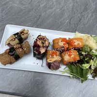 seitan nigiri, sojafilet nigiri, jackfruit gunkan nigiri and ‘the beetles’ tiger rolls at Tiger Club Vegan Sushi in Berlin
