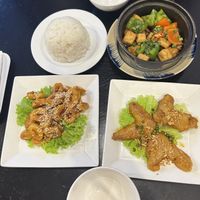 tofu with bell pepper and shiitake, fried gluten with sesame (so good) and wheat wings (amazing)  at Sen Vegan House in Ho Chi Minh City