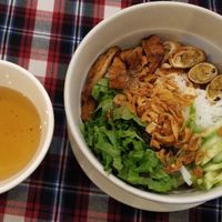 Fresh rice noodle with roasted vegan meat and spring rolls at Sen Vegan House in Ho Chi Minh City