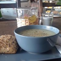 their daily potato "cream" soup.  at Miros Cafe in Berlin