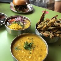 Tarka dhal, okra fries, ragda pethis, and bhaji butty  at Bundobust in Liverpool