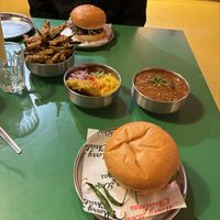 Sprout bhaji burger, okra fries, raghda pethis and festive dahl n ricee  at Bundobust in Liverpool