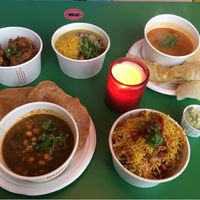 All vegan: bhajis, bhel puri, masala dosa, chole saag with puri, raghda pethis - and all delicious!  at Bundobust in Liverpool