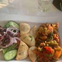 Veganised vege delight, Briam, (mixed veg in sauce) large beans, spinach pies, salad.  at Costanita Restaurant in Crete