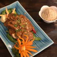 Steamed vegetables and soy nuggets with peanut sauce and brown rice at Thong Thai in Westerly
