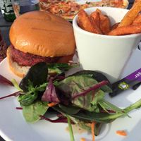 Vegan burger with sweet potatoes chips at The Towers Bar in Westport