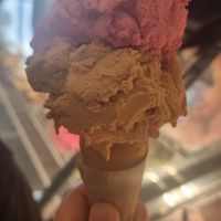 Raspberry & caramel in a waffle cone at Mubble in Sorrento