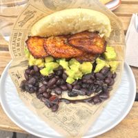 Vegan arepas with plantains, black beans and avocado at Venezolatino in Strasbourg
