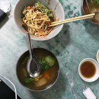 Spicy noodles and soup recommended by owner. Delicious ! at Lái Xīn SùShí 來欣素食手工水餃 in Taipei