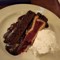 Vegan 2-in-1 Dessert Chocolate cake and raspberry pie with icecream at Hungry Horse - Old Rectory in Stockport