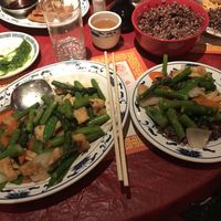 Vegan dinner spread, akai rice, seaweed salad  at Great Wall in Florence