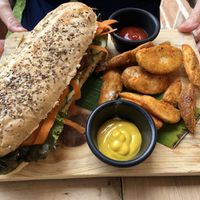 Mexican baguette sandwich and fries. at Vegan Town in Ajijic