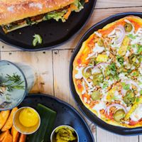 Falafel Sandwich, Lentil Burger and Pizza with Soya, Pineapple and Jalapeños. at Vegan Town in Ajijic