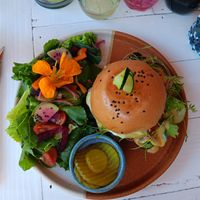 Lentil burger with side salad at Vegan Town in Ajijic