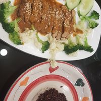 Duck Teriaky with peanut sauce (65k Kip) and rice (10k Kip) at Vegan Center Cafe in Vientiane