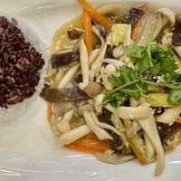 3 kids of mushroom with brown & white ricee  at Vegan Center Cafe in Vientiane