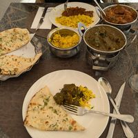 Garlic naan, garlic rice, saag and batli curry w soy meat at Bombay Babu - Calle Valencia in Tenerife