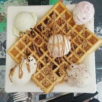 Belgian Waffel, ice cream delicious flavors-nugat, pistacio,cherry and cream , crem brule, ferrero rochet😎 at Tivonela in Tel Aviv