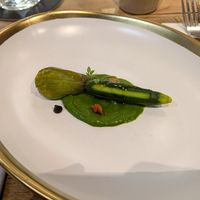 Courgette flower, basil and ratatouille at Xavier Pellicer in Barcelona