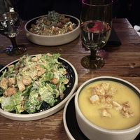 Pad Thai (back), Caesar salad, soup of the day  at Don Vegan in Quebec