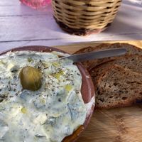 Tzatziki with homemade bread.  at Pernera in Patmos