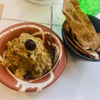 Babaganoush and homemade whole grain pita ..sensational  at Pernera in Patmos
