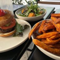 Falafel burger with salad + sweet potato fries at Vevay Kitchen in Frankfurt