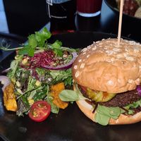 Bbq falafel burger with dry bun and sweet potato salad at Vevay Kitchen in Frankfurt