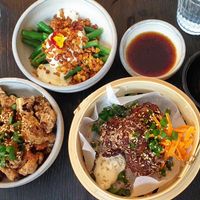 Dumplings, cauliflower popcorn and beand at Dorshi in Bridport