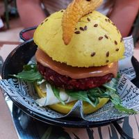 Burger : the pattie was very tasty, the bread was good (but a bit heavy), there was also an onion ring inside at Pandora Greenbox in Split