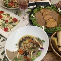 Natalie Portman Chickpea salad (dressing was incredible!), zucchini/pea gravy dish, zucchini carpaccio, truffle hummus  at Pandora Greenbox in Split