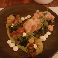 Mashed peas and the BEST crispy tofu I've ever had, tasted like nuggets at Pandora Greenbox in Split