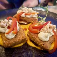 Vegan crispy fried tempeh with carrot purée and pickled veggies.  at Pandora Greenbox in Split