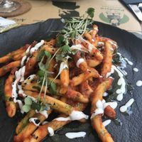 Vegan pasta with tomato, “pesto” and ash charred olives at Pandora Greenbox in Split