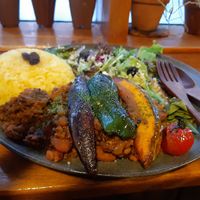Vegan bean chilli and home roasted coffee. Ginger chai also amazing at Cafe Goryo in Furano